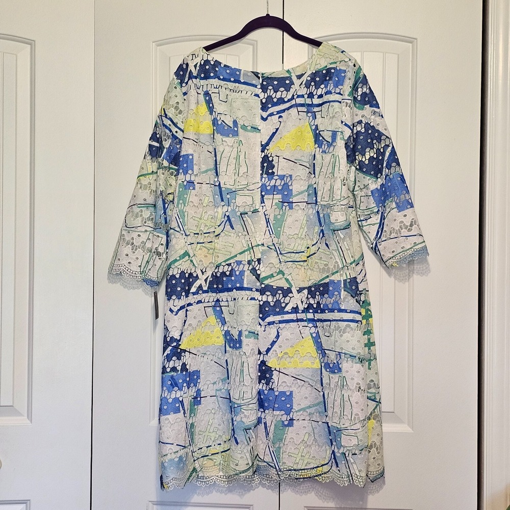 Doncaster Collection Shift Dress Womens 16 White Multi Abstract Eyelet Lace 3/4 - Picture 2 of 10